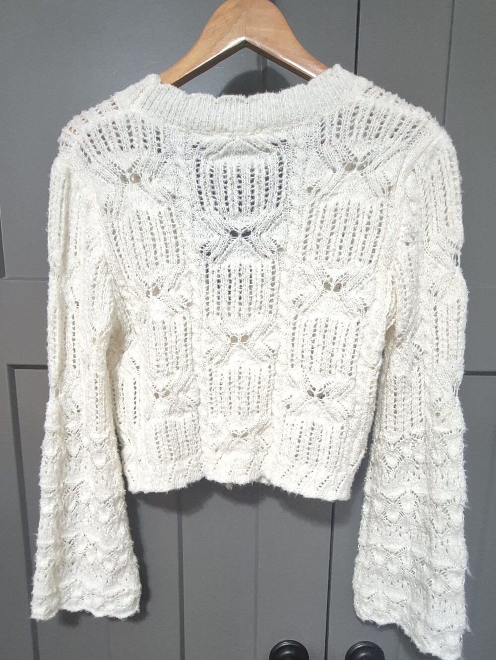Altar'd State Ivory Tie Front Pointelle Cropped Cardigan Sweater M - Picture 5 of 8
